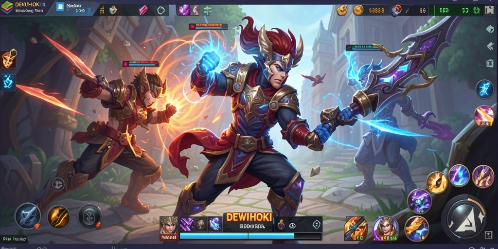 Tangkapan layar DEWIHOKI menampilkan aksi pertarungan MOBA yang intens.