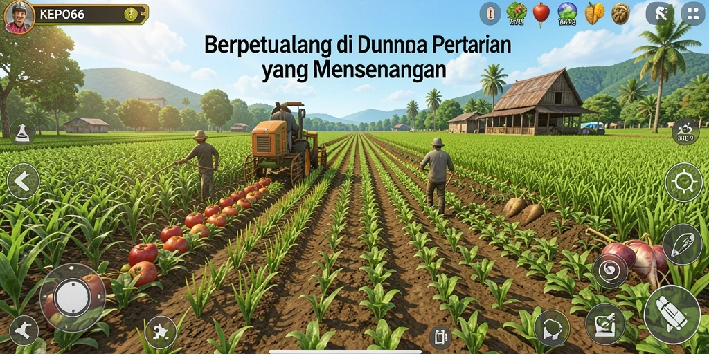 Tampilan gameplay KEPO66 yang menampilkan kebun yang subur dan hewan peliharaan.