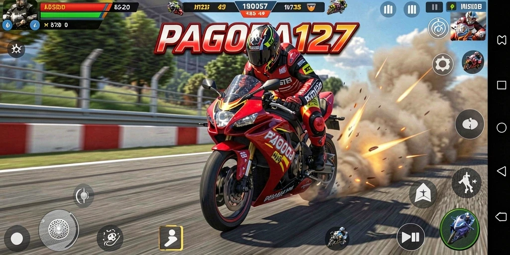Screenshot gameplay PAGODA127 menampilkan balapan motor yang mendebarkan.