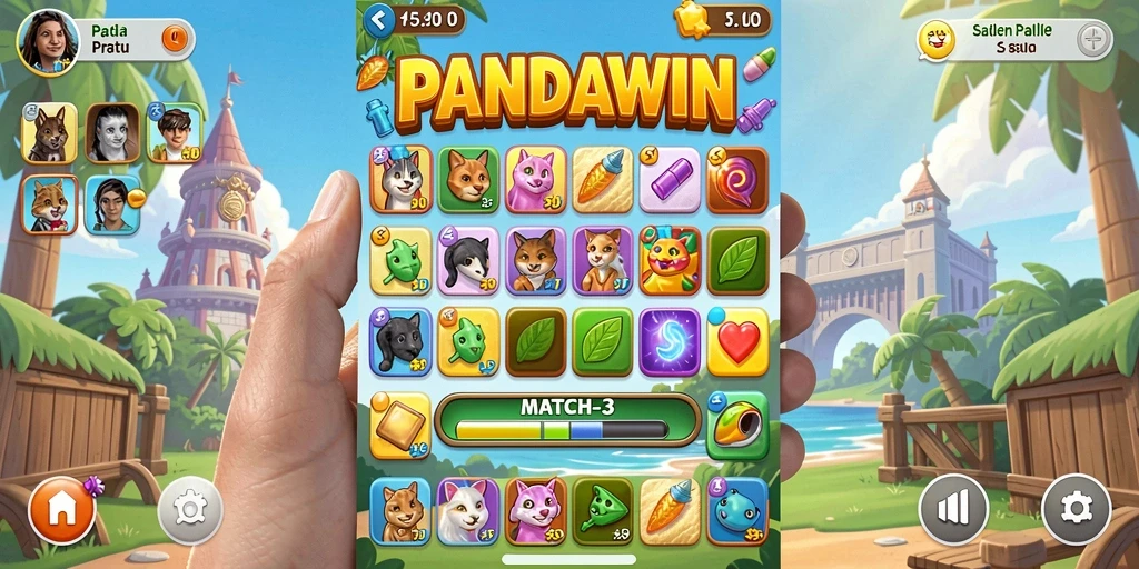 Screenshot gameplay PANDAWIN menampilkan aksi seru dan tantangan Match-3.