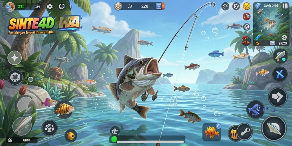 Tangkapan layar gameplay SINTE4D dengan pemandangan laut yang indah.