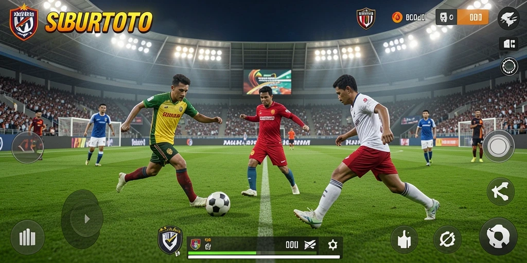 Screenshot SUBURTOTO menampilkan aksi pemain di lapangan sepak bola.