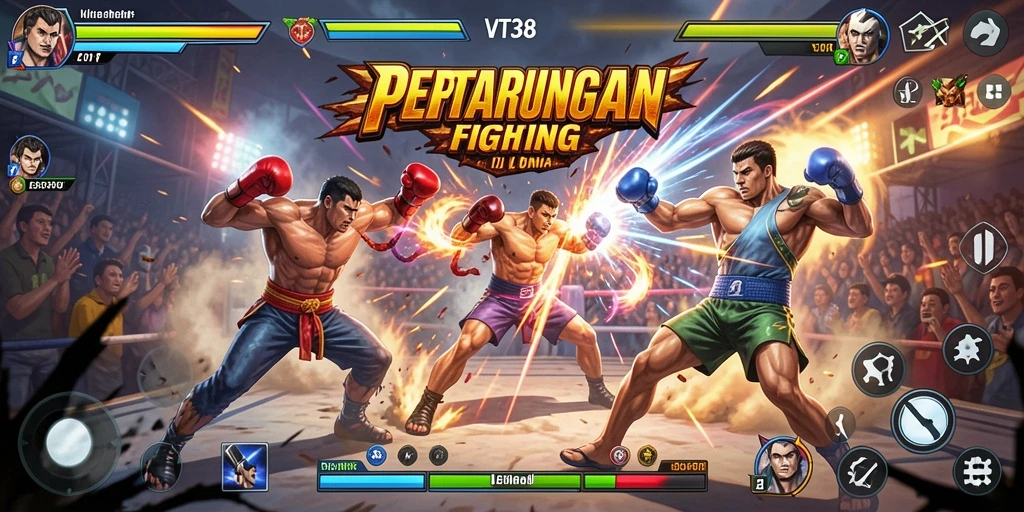 Screenshot gameplay VT38 menampilkan pertarungan seru dengan karakter unik.